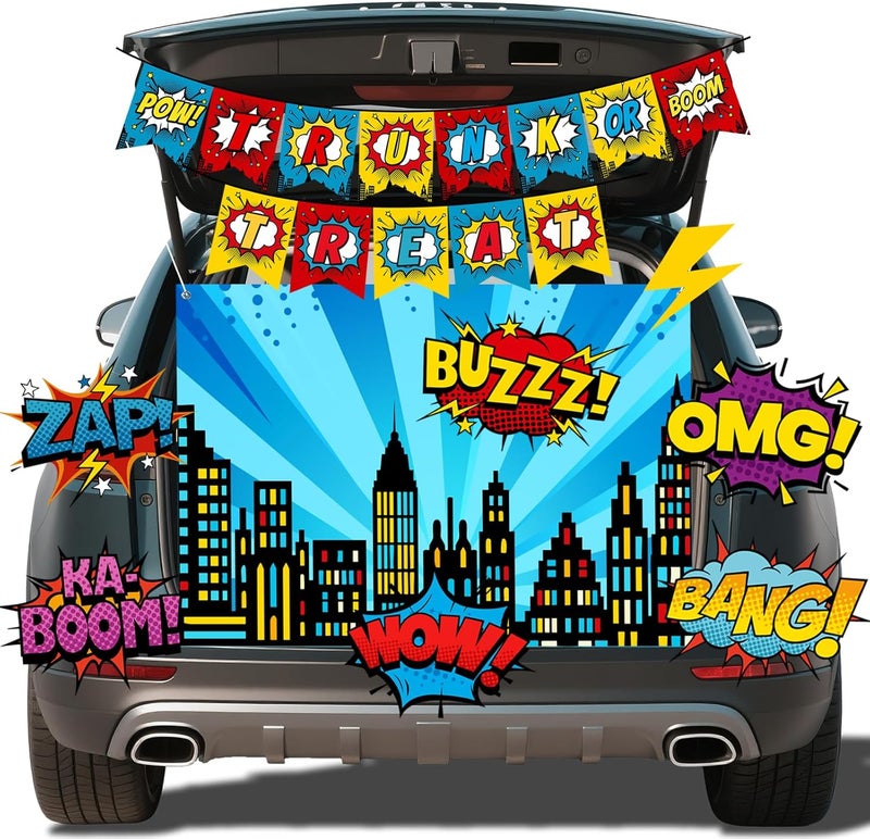 Dreasmt Halloween Trunk or Treat Car Decorations Kit, Hero Trunk or Treat Car Archway Garage Decoration Halloween Hero City Car Decorations Outdoor Arch Entrance Window Garage Decorations - Image 1